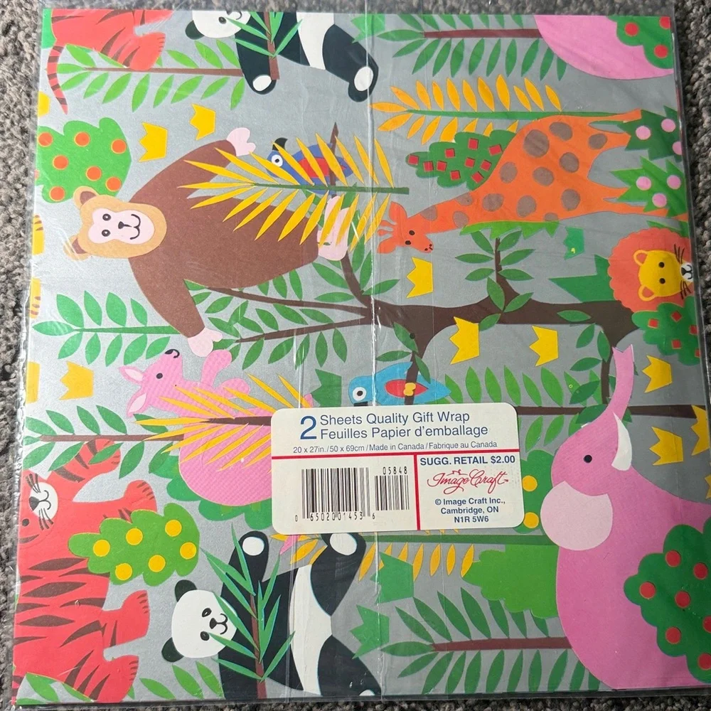 5/$25 VINTAGE Birthday Wrapping Paper Jungle Safari Animals